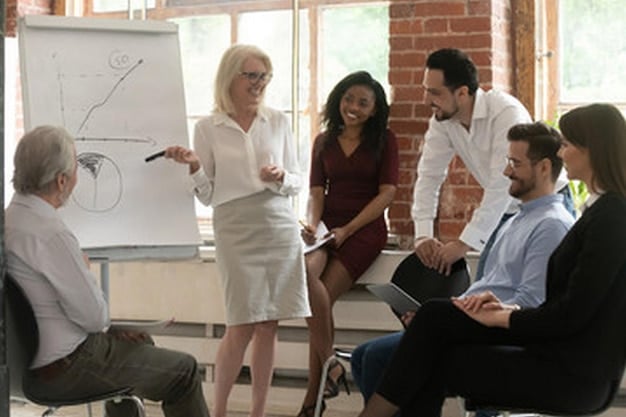 A group of employees participating in a leadership training session, with a facilitator leading a discussion and participants actively engaged in the learning process. The image conveys the importance of investing in Employee Retention: Strategies for US Businesses to Attract and Retain Top Talent in 2025 through employee development and growth programs.