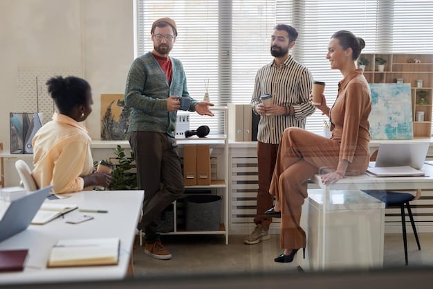 A diverse group of employees working collaboratively in a modern office setting. Each employee is wearing a badge and smiling, symbolizing a positive and compliant work environment. The image emphasizes teamwork, fair treatment, and compliance within the workplace.