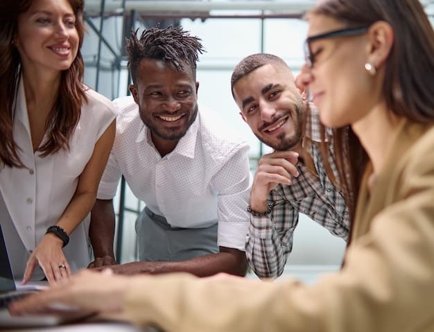 A diverse team of employees collaborating in a workspace, smiling and looking engaged. Emphasize the customer-centric attitude in the image. Illustrate how a customer-centric culture contributes to 'How Can US Businesses Improve Customer Experience and Drive Loyalty?'.