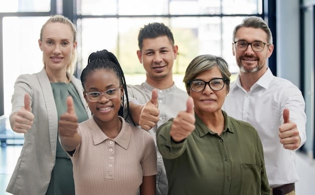 A group of diverse employees smiling and giving a thumbs-up in a team meeting. The atmosphere is positive and collaborative. The image illustrates how emotional intelligence can foster a supportive and inclusive work environment, which is crucial for Business Leadership: Developing Effective Leadership Skills for US Managers.