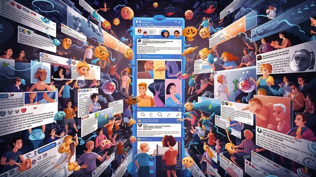 A collage of screenshots from various social media platforms (Facebook, Instagram, Twitter, LinkedIn) showcasing diverse content types (videos, images, text updates) and engagement metrics (likes, comments, shares). The words 