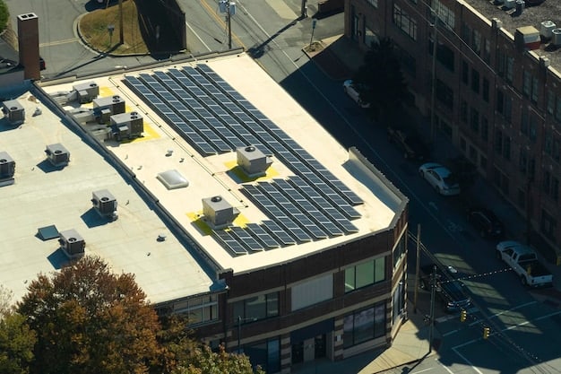 A close-up shot of a solar panel installation on the roof of a large commercial building. The panels are clean and modern, reflecting sunlight. The image symbolizes renewable energy and a commitment to Business Sustainability: Implementing Sustainable Practices in US Companies for Long-Term Success.