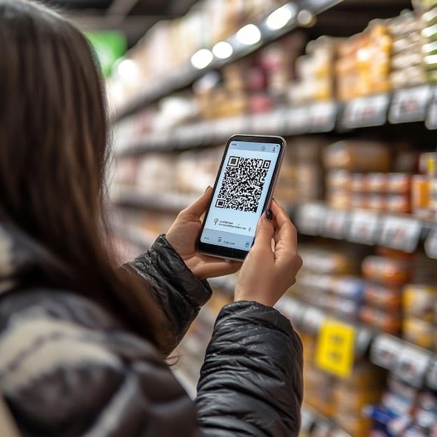 A consumer using a mobile phone to scan a product's barcode to check its origin or price, illustrating informed purchasing decisions in response to changing market conditions.