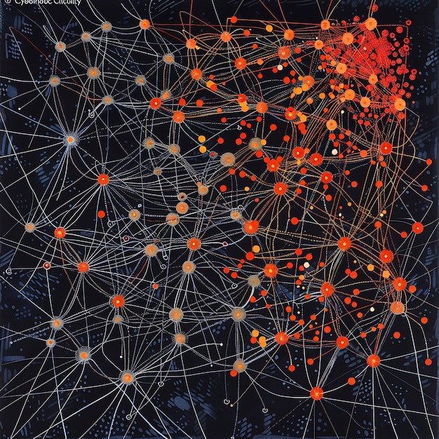 An abstract representation of artificial intelligence at work, with neural network patterns overlaid on a map of global data streams, emphasizing both connection and potential vulnerability. Colors are futuristic, leaning towards blue and purple.