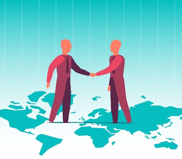 A handshake between two individuals, symbolizing international cooperation and partnership fostered through foreign aid. One hand could be subtly representing the US, the other a recipient country.