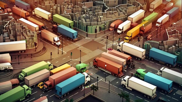 A supply chain graphic showing interconnected factories, shipping containers, and trucks, with some links appearing stressed or broken, on a backdrop of global trade routes.