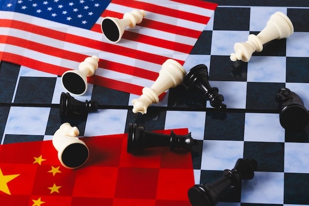 A chessboard with pieces representing US and Chinese economic policies, symbolizing strategic decisions and potential alternative moves in trade relations.