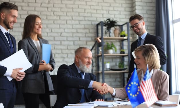 Leaders from the US and European Union in a formal meeting room, shaking hands and discussing strategies, with flags of their respective nations visible in the background, symbolizing cooperation and diplomacy.