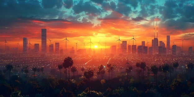 A bustling American city skyline at twilight, partially obscured by wind turbines and solar panels, symbolizing the domestic transition towards renewable energy and green infrastructure.
