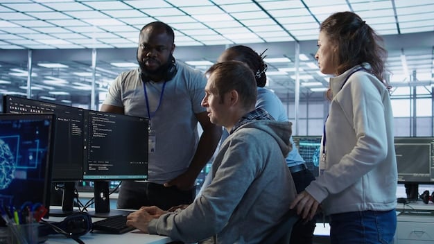 A diverse group of cybersecurity professionals intently working at computer stations, with code and network diagrams projected on screens behind them, illustrating a collaborative effort against cyber threats.
