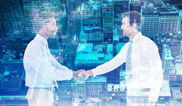 A handshake between two digital figures, one representing government and the other private industry, with intertwined digital lines flowing between them, symbolizing strong cybersecurity collaboration.