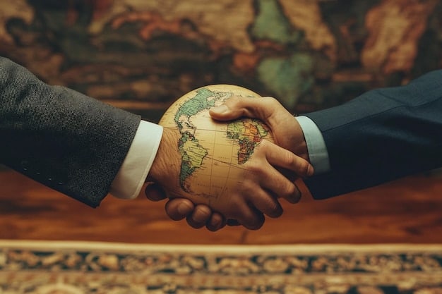 Diplomatic hands shaking over a globe, symbolizing international cooperation and agreements to address global challenges like the refugee crisis.