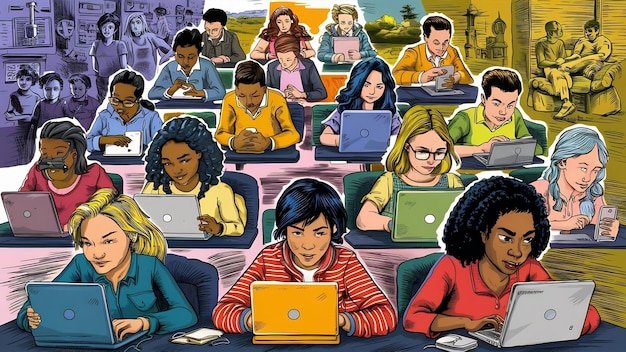 A diverse group of young individuals engaged in a digital literacy workshop, symbolizing efforts to counter online radicalization and promote media discernment.