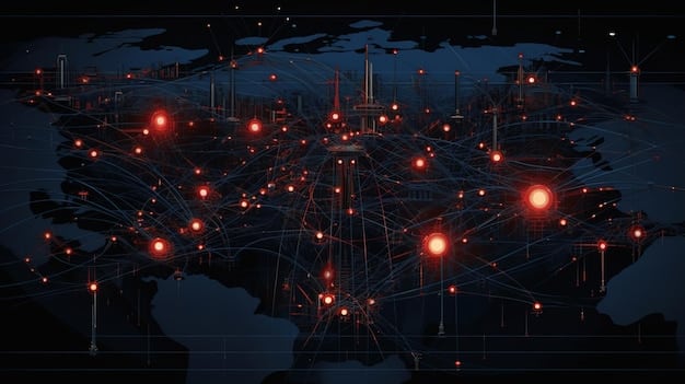 A digital map displaying interconnected nodes, representing the complex and adaptive nature of modern terrorist networks and the challenges of tracking them online.