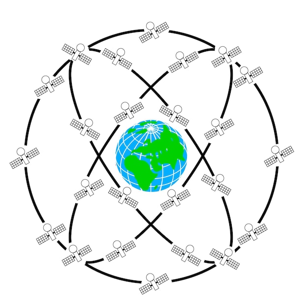 A schematic diagram illustrating a network of interconnected satellites orbiting Earth, with various data streams flowing, representing global communication and surveillance capabilities.