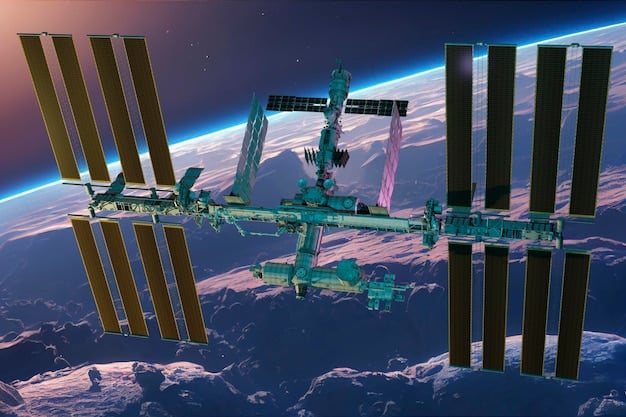 A detailed rendering of a complex satellite with multiple solar panels and advanced antennae, floating above Earth, showcasing high-tech space engineering.