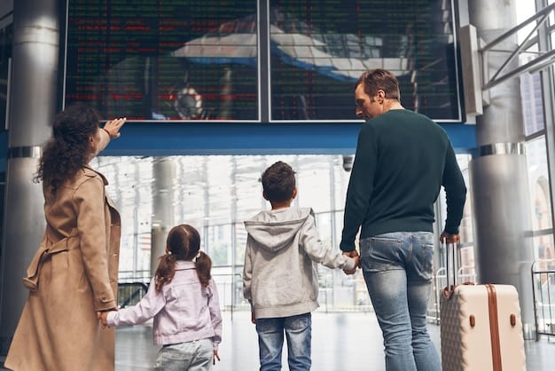 A family stands together at an airport, looking hopefully towards the arrival gate. The scene captures the emotional weight of family reunification and the impact of immigration policies. The image is hopeful yet poignant as an illustration of US Immigration Policy Changes: What New Regulations Mean for Families and Businesses in 2025.