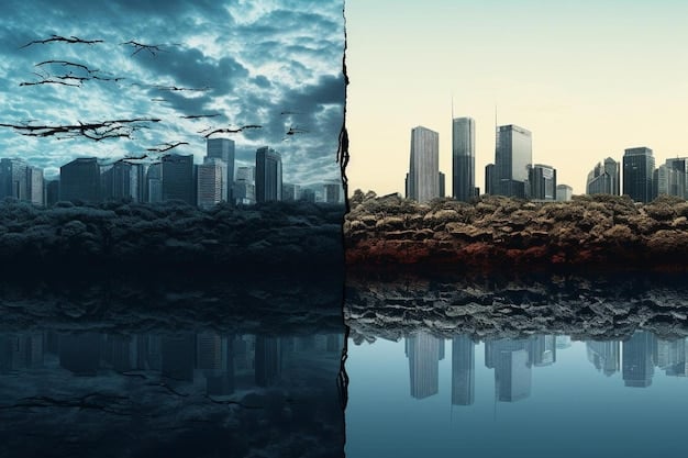 A split image showing two contrasting scenarios. On one side, a polluted city skyline with smog and industrial emissions. On the other side, a vibrant, clean city with green spaces, electric vehicles, and solar panels on rooftops. The images collectively illustrate the potential impacts of different climate policies, underscoring themes related to the US Response to Global Climate Accord: Analyzing the Economic Impact of New Emission Standards.
