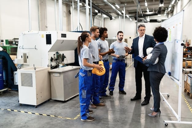 A diverse group of workers in a modern US factory assembling high-tech equipment, symbolizing the revitalization of American manufacturing and its potential impact on reducing the trade deficit.