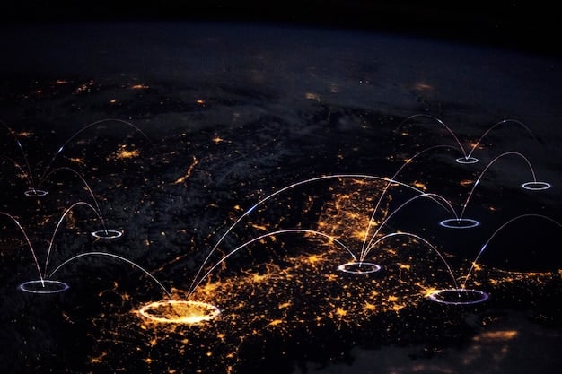 A conceptual depiction of a secure data network stretching across space, connecting various satellites and ground stations, symbolizing the integration of commercial space operations with robust national security measures in line with What Does the New US Space Policy Mean for Commercial Space Travel and National Security?.