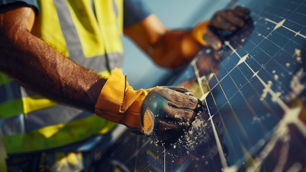 A detailed close-up of a worker installing a solar panel on a residential rooftop in California. The panels are sleek and modern, blending seamlessly with the roof. The background shows a suburban neighborhood under a sunny sky, highlighting the adoption of solar energy at the household level.
