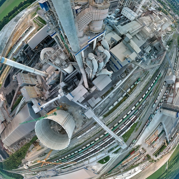 An aerial view of a modern nuclear power plant with multiple cooling towers. The plant is surrounded by green fields and a large body of water, illustrating the scale and impact of nuclear energy production. The photograph emphasizes the technological advancements and infrastructure required for nuclear power.