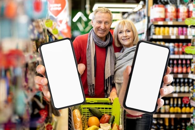 A split-screen showing consumers comparing prices of imported and domestic goods on their smartphones. One side shows an imported product with a higher, tariff-added price, while the other shows a similar domestic product with a lower price. The focus is on the comparison of prices in the digital age.
