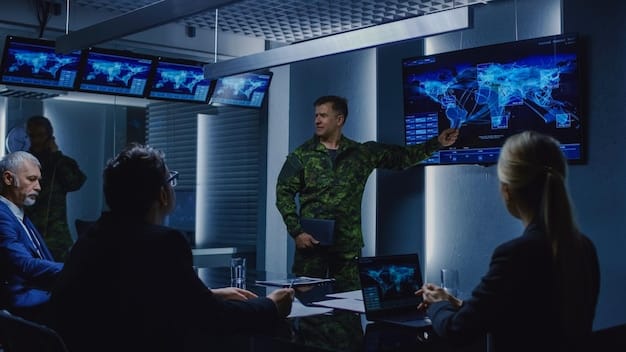 A group of law enforcement officials collaborating in a command center, monitoring screens and communicating effectively. This image represents the coordinated efforts of various agencies in How the US is Working to Combat Terrorism: Strategies for Preventing Attacks and Protecting Citizens.