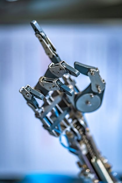 A close-up shot of a robotic arm precisely welding a metal component in a US factory. Sparks are flying, and the focus is sharp, highlighting the precision and efficiency of automated manufacturing processes. The background is slightly blurred, emphasizing the robotic arm.