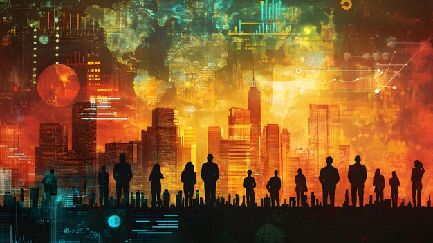 A diverse group of people, representing different professions, looking at a fluctuating stock market graph projected onto a city skyline, symbolizing the impact of economy on labor.